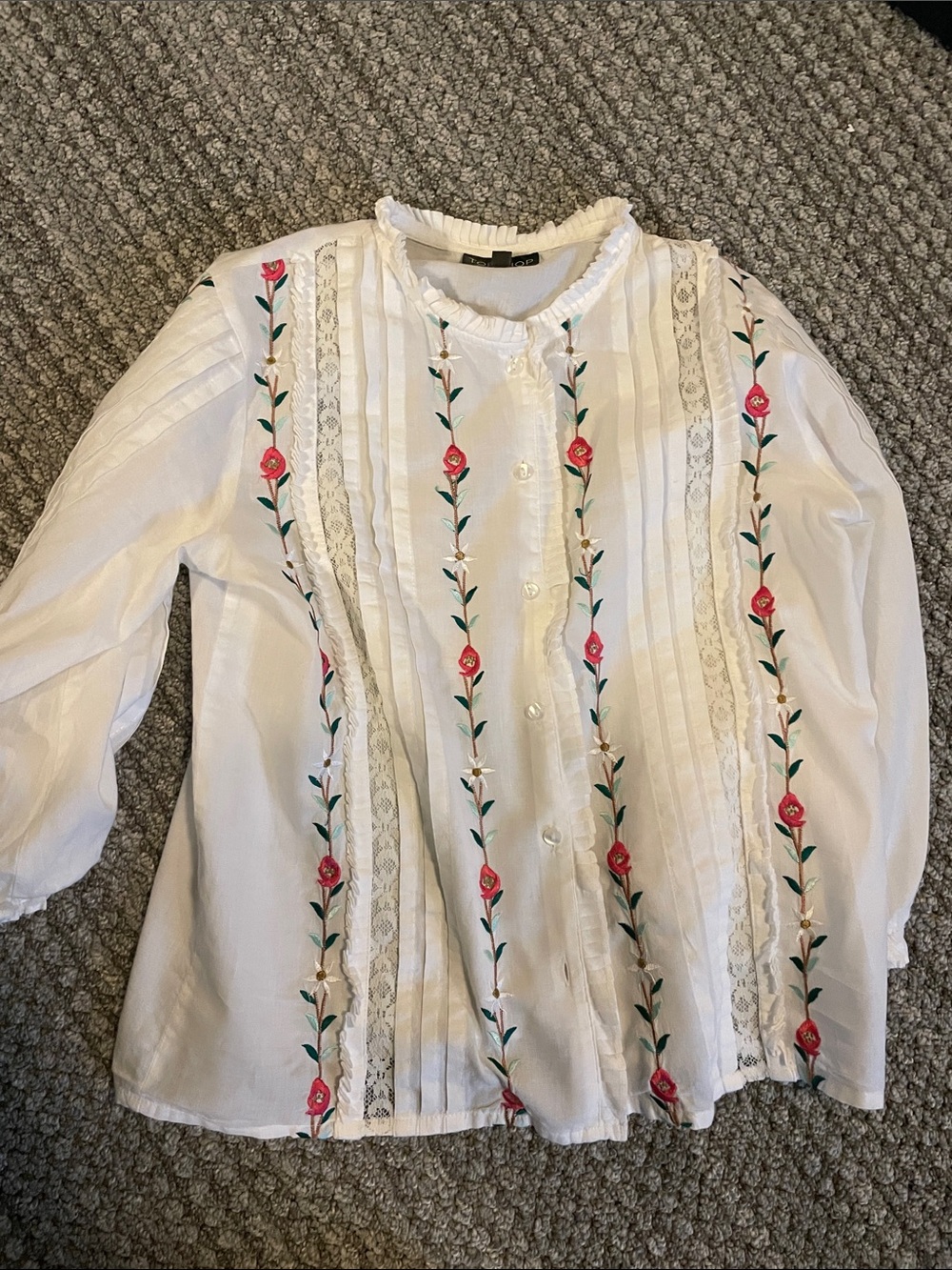 Topshop White Button-Down Blouse with Pink Rose Embroidery
